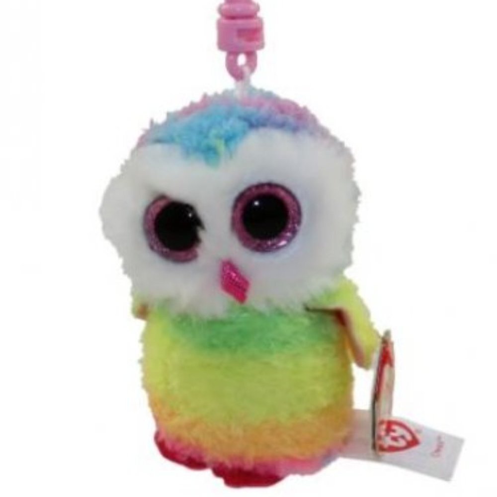 Ty Beanie Boo Owen Rainbow Owl Clip Keyring Keychain Small Plush Toy 3" Pink